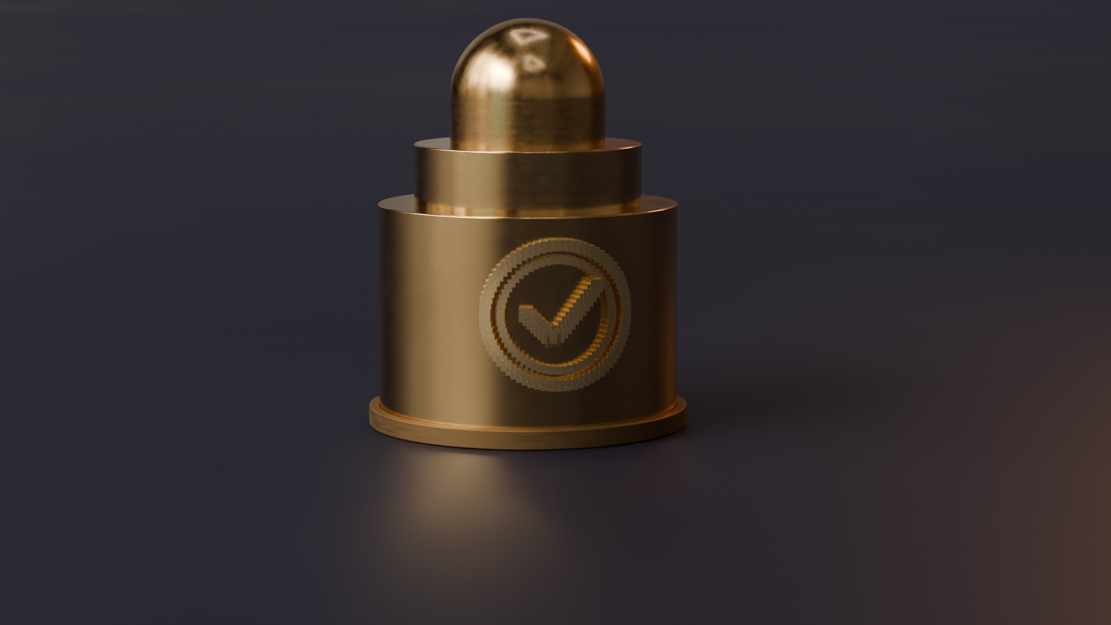 A brass calibration weight with a mark struck into its side: two circles with a checkmark inside