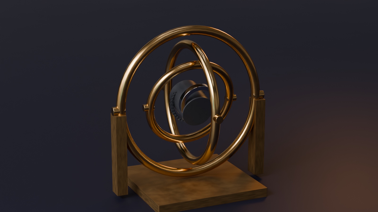 Een cardanische ophanging van drie messing ringen met een lens in het hart; de binnenste ring staat gekanteld