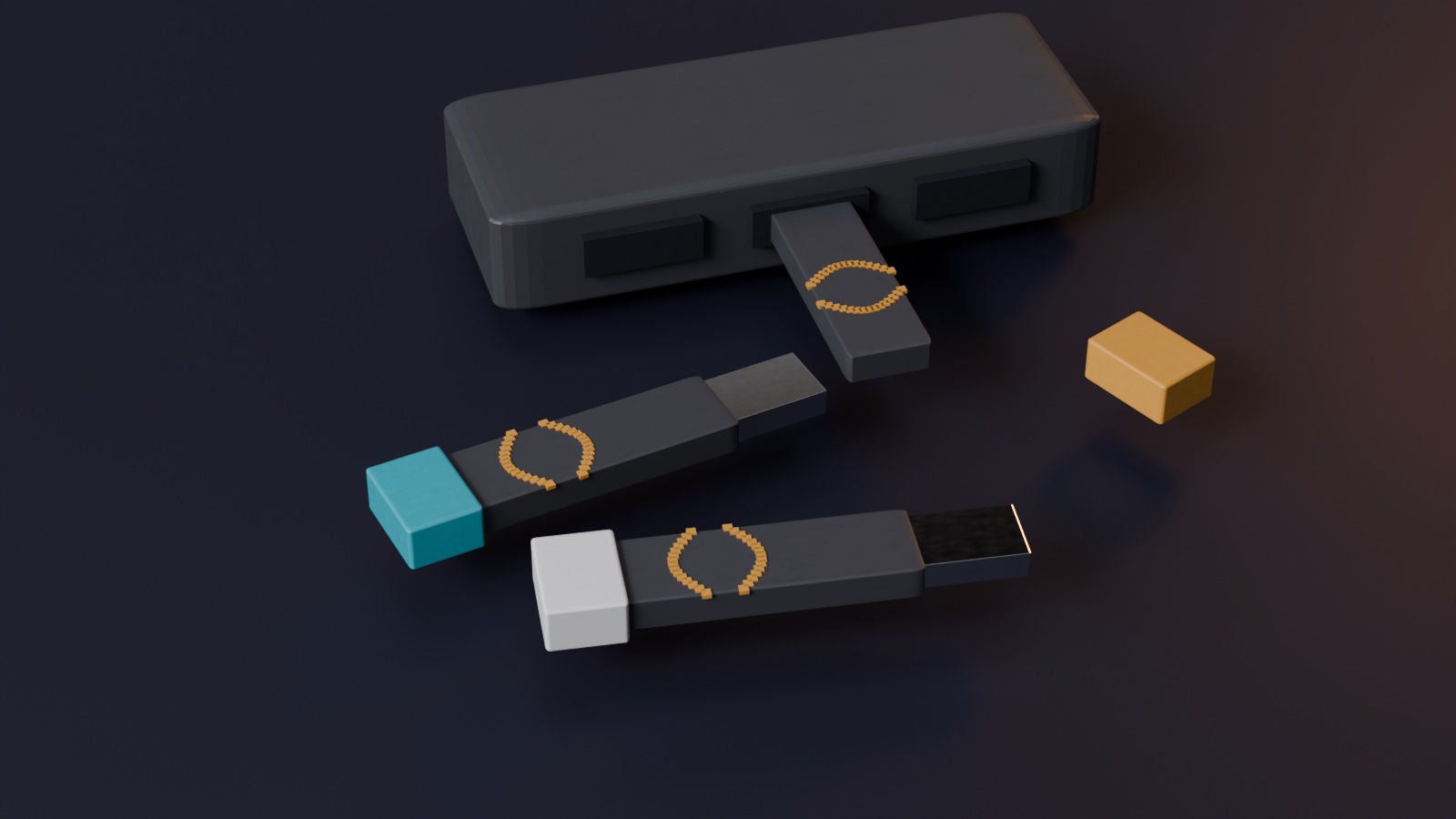 Three identical USB sticks each with a different coloured cap, one of them plugged into a hub