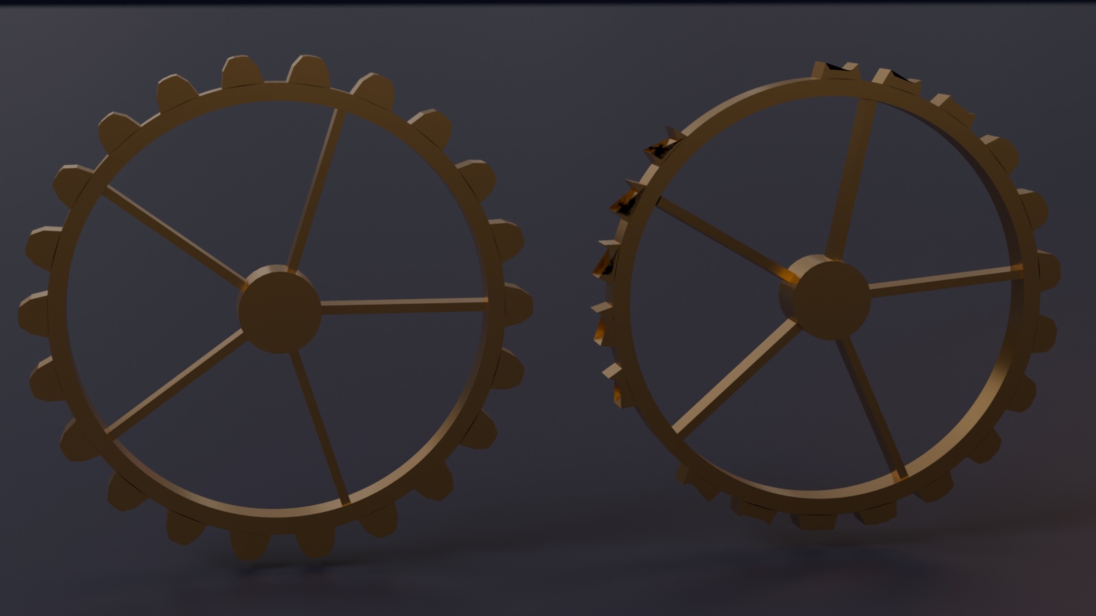 Two gears side by side: the left one with intact teeth, the right one with worn and broken teeth and a bent spoke