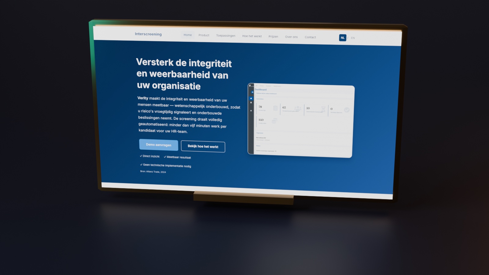 Screenshot of interscreening.com on a panel: the home page with the Verity dashboard and its screening figures.