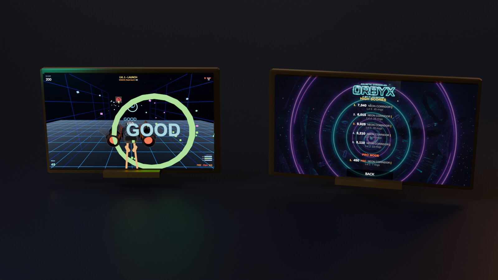 Two ORBYX screenshots side by side: on the left the ship flying through a green ring, on the right the high-score board.