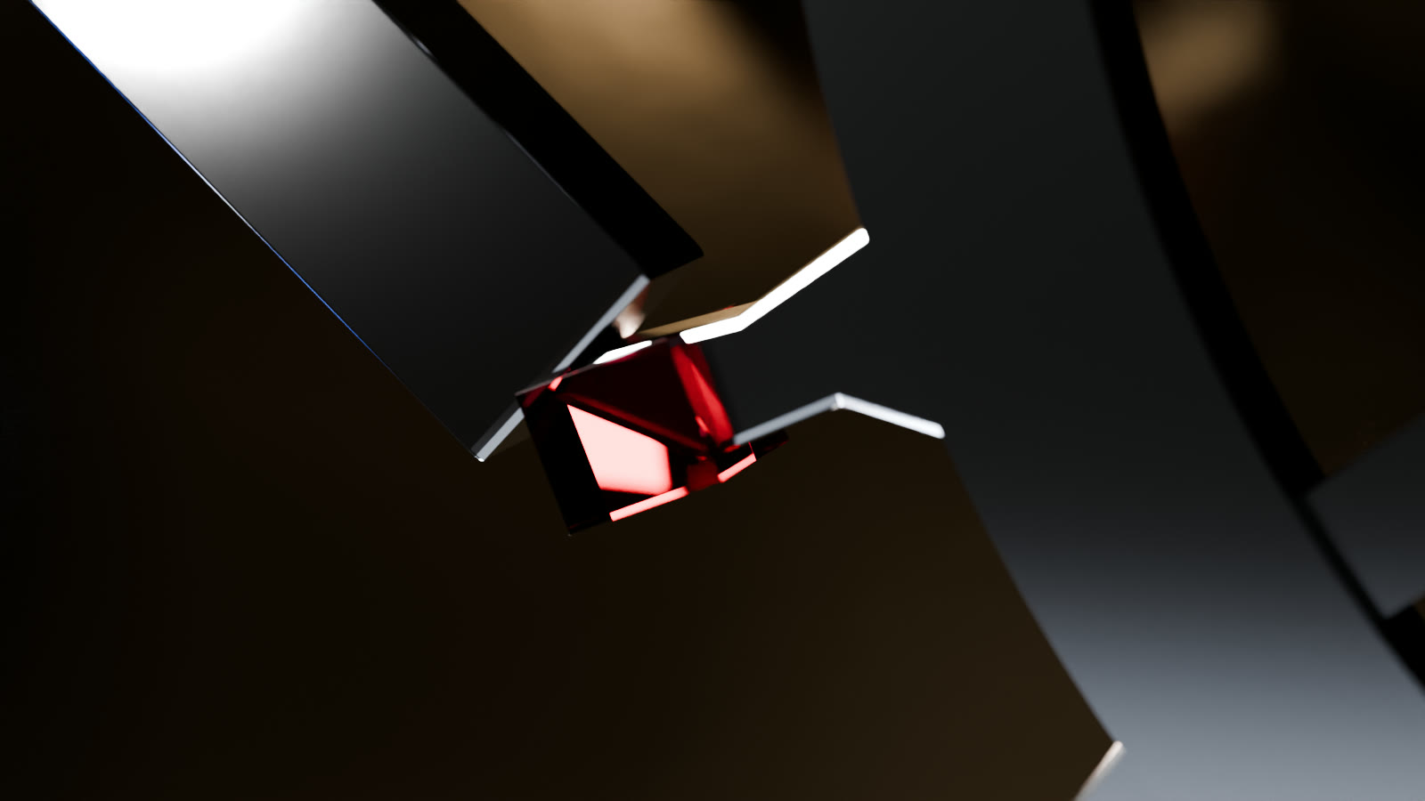 Macro shot of a lever escapement: a ruby pallet holding a tooth of the escape wheel, with the polished steel fork alongside.
