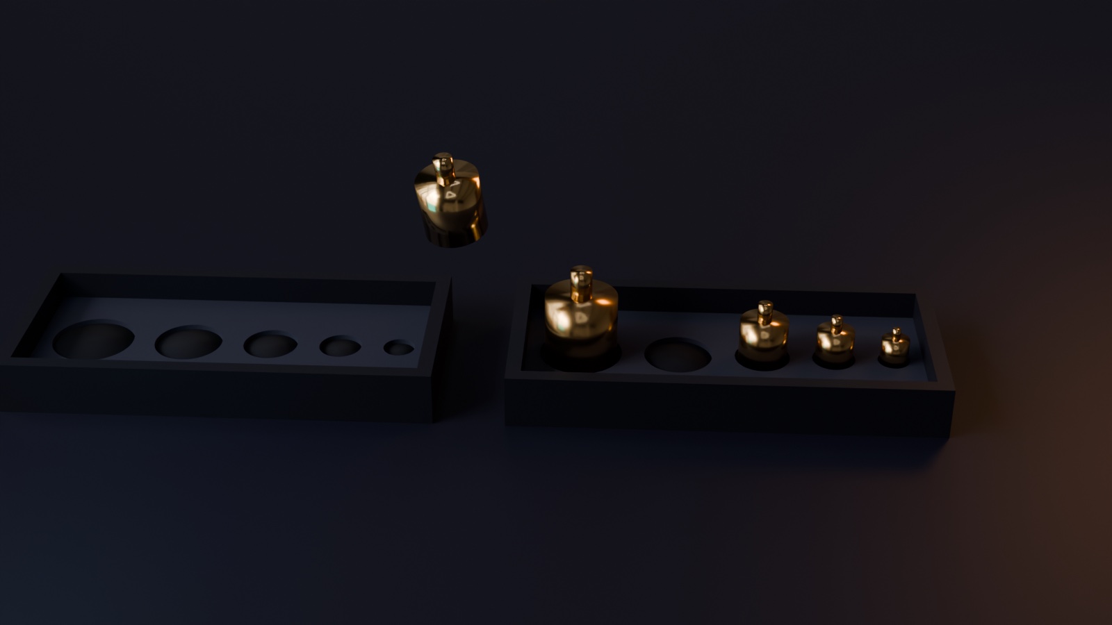 Two lined cases of brass calibration weights: five empty recesses on the left, the same series filled on the right except for one slot, with that weight suspended in between