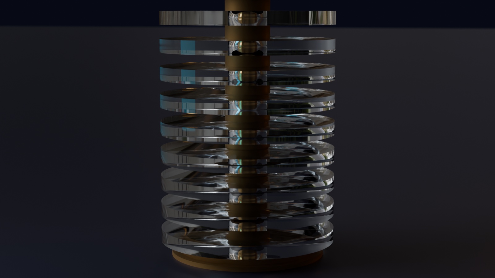 Slender brass column carrying a stack of identical glass discs that continues beyond the frame